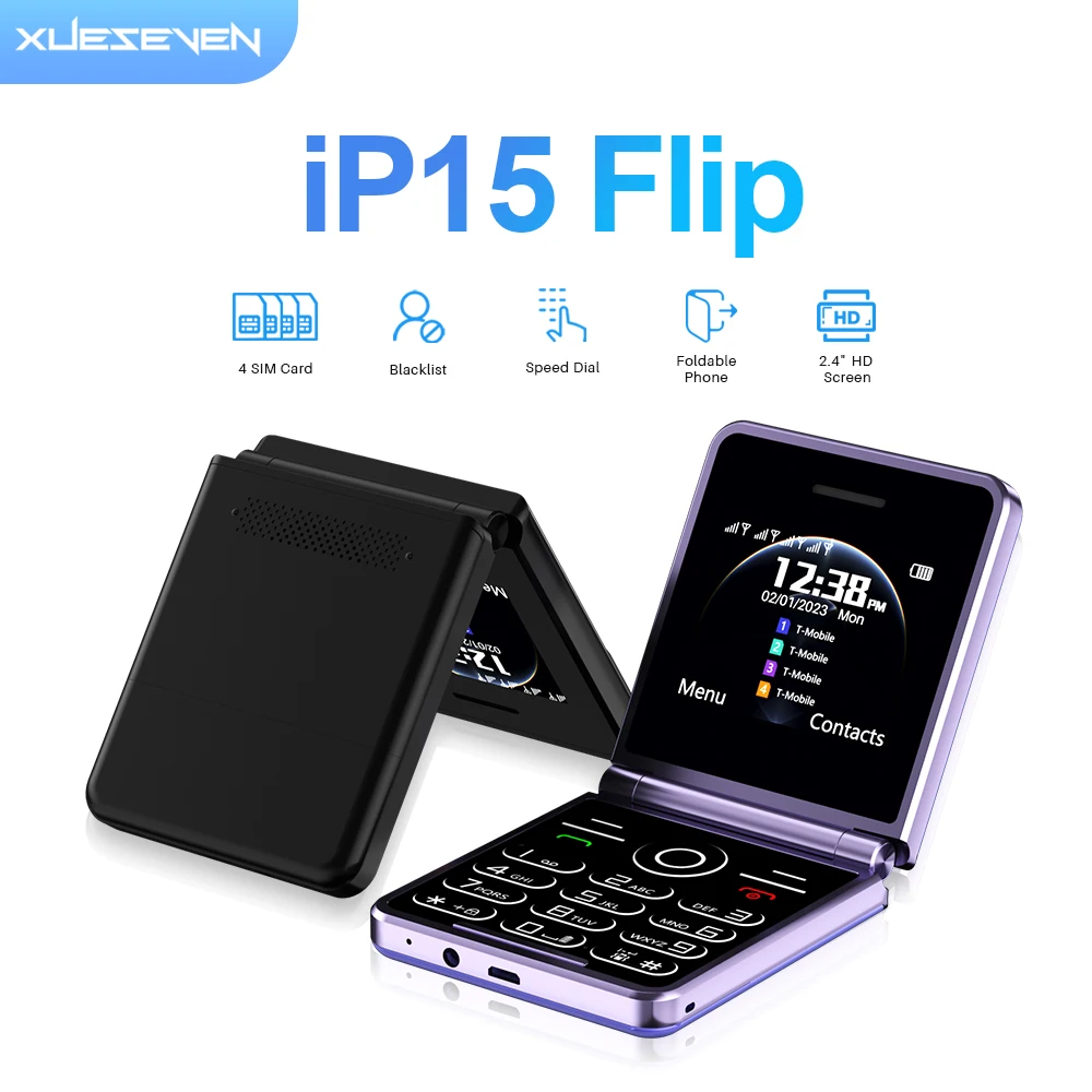 XUESEVEN-iP15-Flip-Mobile-Phone-2G-GSM-4-SIM-Card-BT-FM-Radio-Torch ...