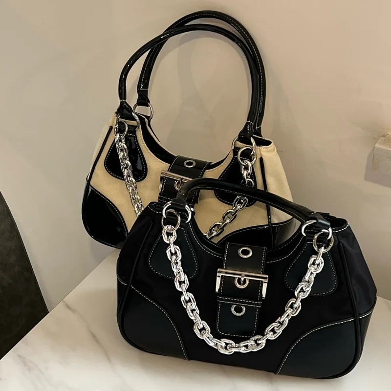 

Y2K Vintage Patent Leather Shoulder Bag for Cool Girls Women's Metal Chain Underarm Bag Female Hobo Tote Purse Handbags 2023 New