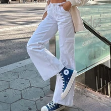 

Sunny y.j. Harajuku White Sweatpants Women Baggy Pockets Patchwork Cargo Pants Casual Vintage High Waisted Straight Leg Trousers