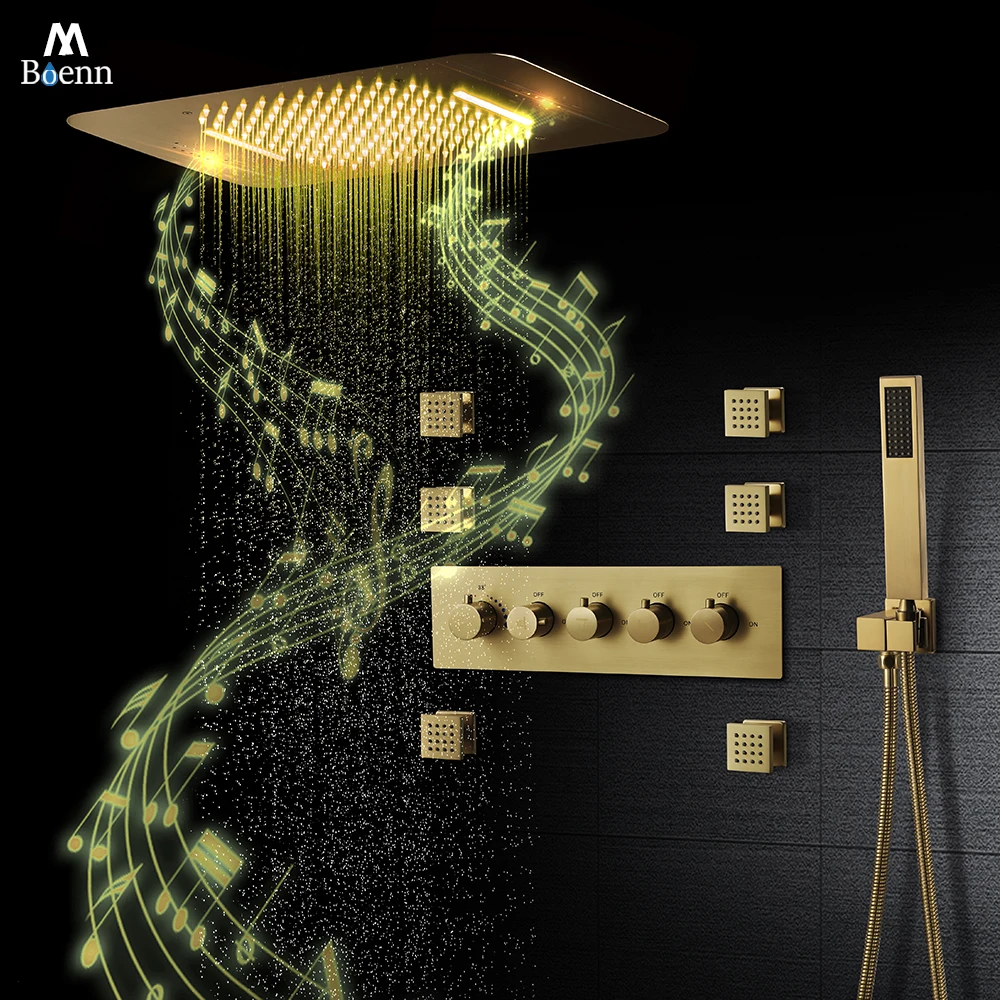 M Boenn Brushed Gold Modern Music Shower System Rainfall LED Shower Head Concealed Thermostatic Mixer Smart Bathroom Faucet Set