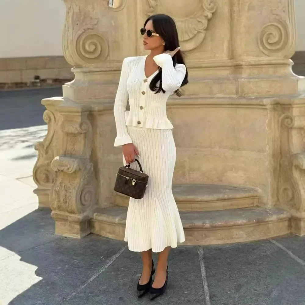 Elegant Knitted Skirt Sets Women Fashion Ruffle Sweater and Midi Outfits Autumn Winter Long Sleeve Slim Party Two Piece Set 2024 2