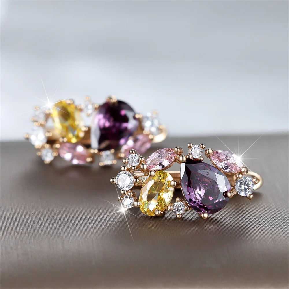 Purple Crystal Multicolor Water Drop Stone Hoop Earrings For Women Vintage Gold Color Ear Buckle Wedding Jewelry Engagement Gift