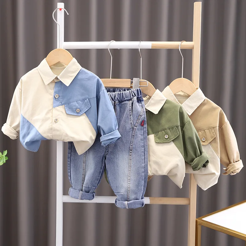

2023 Korean Spring Autumn Children Boy Two Piece Clothes Set Long Sleeve Spliced Shirt Jeans Pants Suit Toddler Baby Boy Outfit