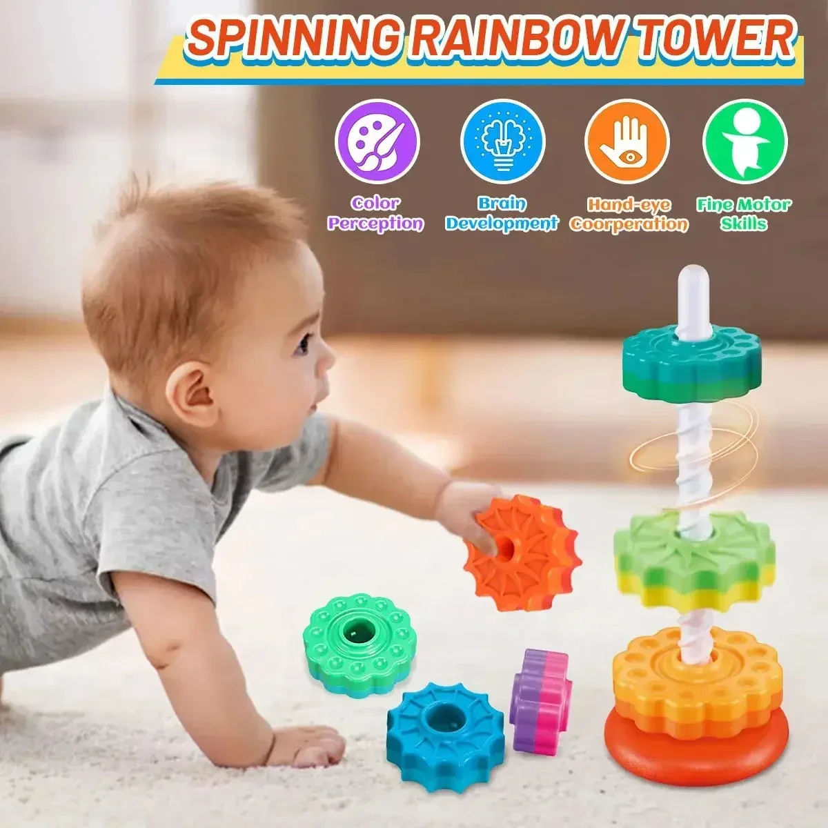 Baby Stackable Tower Rotating Rainbow Tower Montessori Educational Toys for Kids Toddler Toys Baby Development Toys Games Toy 2