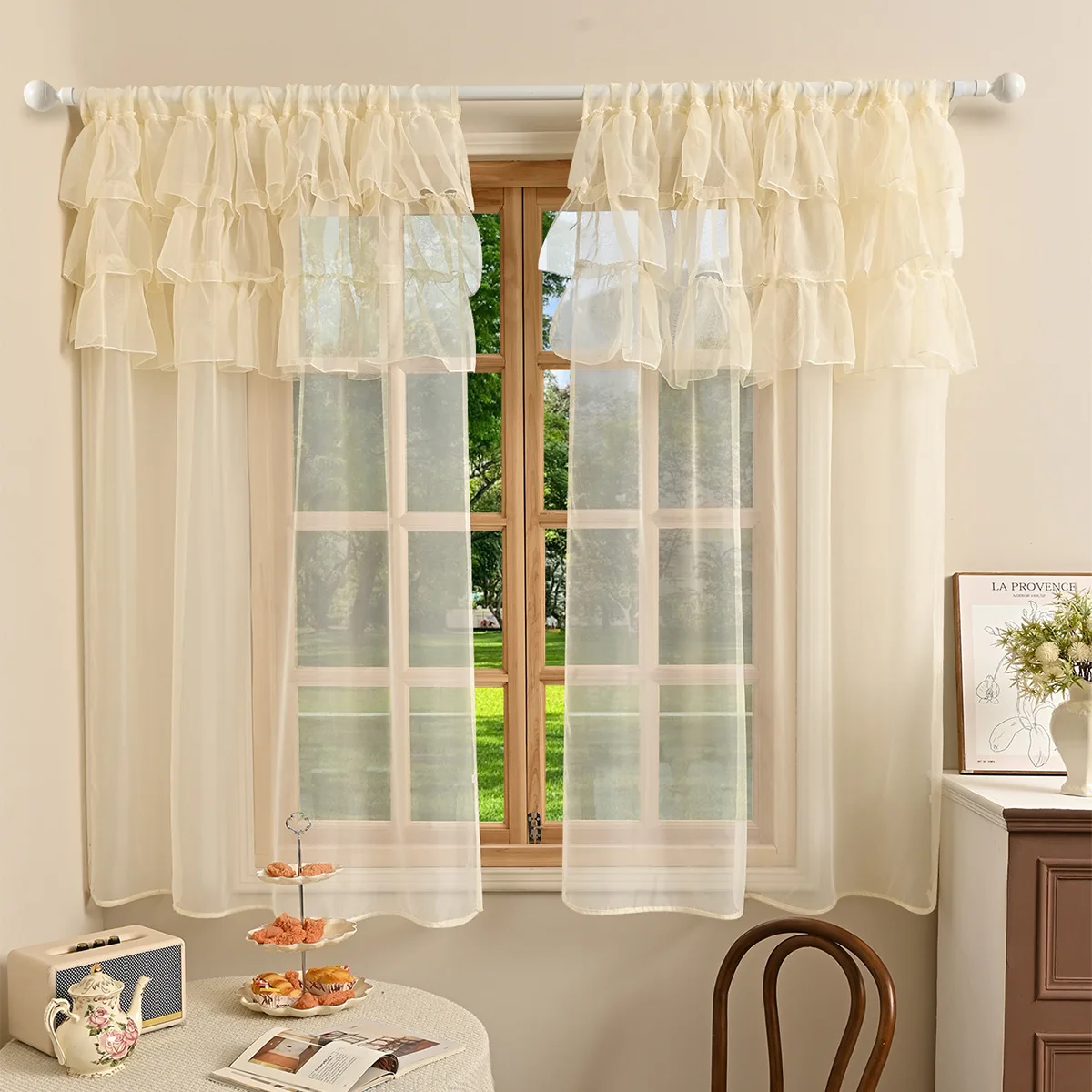 1pc Solid Colour 3 Laces Sheer Curain, Lace Curtains for Living Room, Bedroom