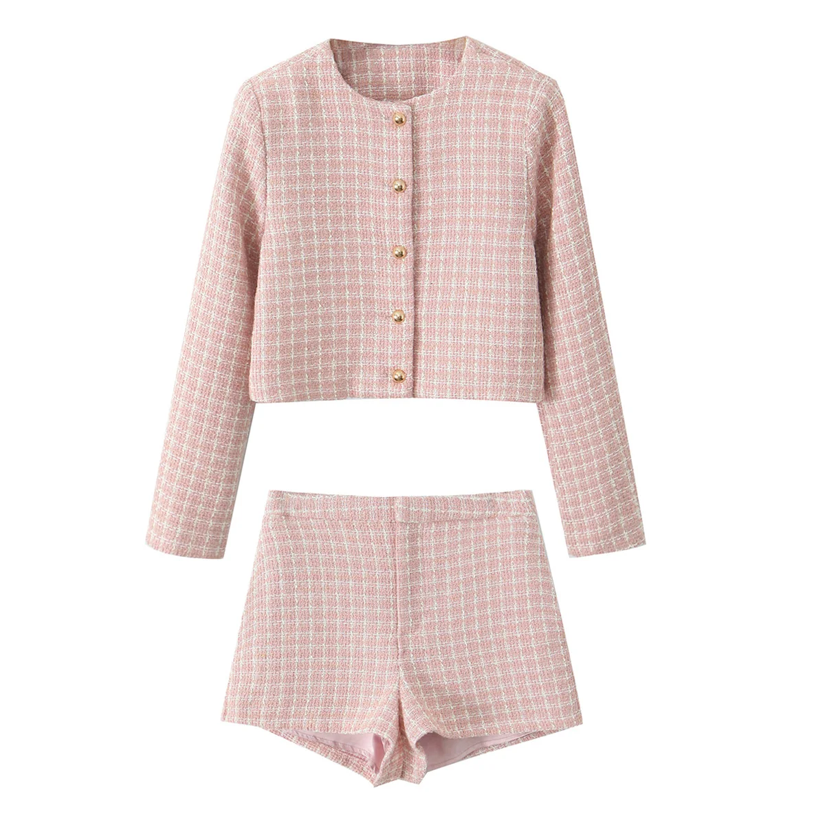 2 pieces 1 Set French Style Retro Pink Plaid Woven Tweed Blazer + High Waist Mini Shorts Pants Suits
