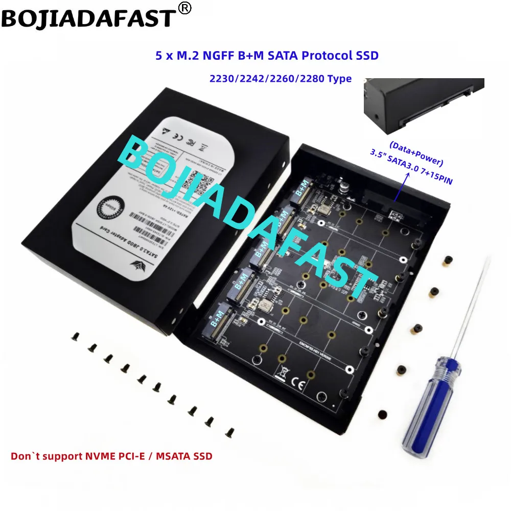 

3.5" SATA3.0 22PIN Interface To 5 x NGFF M.2 Key-B Key B+M SATA SSD Converter Adapter Card 6Gbps + Protection Enclosure Case