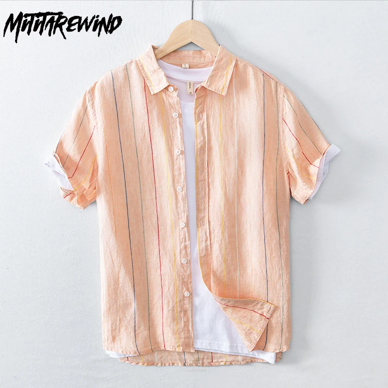 

Summer New Men Shirts Striped Short Sleeves Fresh Shirt Pure Linen Breathable Versatile Casual Tops High Quality Mens Clothing