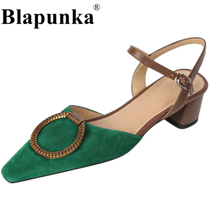 

Blapunka Ladies Sheep Suede Sandals Retro Metal Charm Ankle Genuine Leather Strap Buckle Shoes Women Block Medium Heeled Sandals