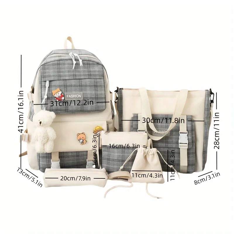 Cute Plaid Cartoon Canvas Five-Piece School Bag, Large Capacity Casual Simple Backpack, Women's Travel Bag Cosmetic Bag, for Girls And Women, Adaptable Stationery Bag, Women's Wallet, Women's Crossbody Bag, Women's Hand Bag (No Bear Pendant) 4
