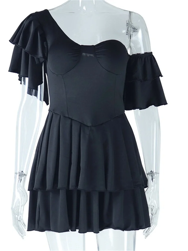 Wmstar Dresses for Women Wholesale Party Pleated Leaf Sleeve Irregular Diagonal Collar Birthday Outfits Midi Dress Summer 2025