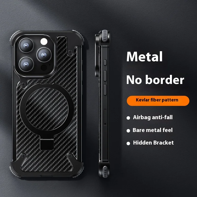 For iPhone 15 14 Pro Max Case Magnetic Magsafe Phone Holder Metal aluminum alloy Carbon Fibre Anti-Collision protection cover