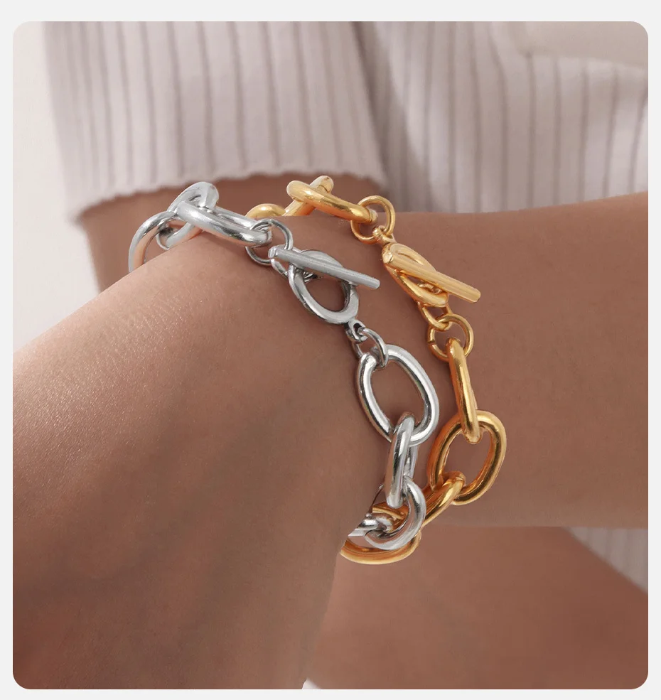 Vnox klobige PVD-Edelstahl-Armbänder mit kräftiger Kabelkette und T-Stangen-Knebelverschluss, modische Armbänder im Ins-Stil – Detail 3