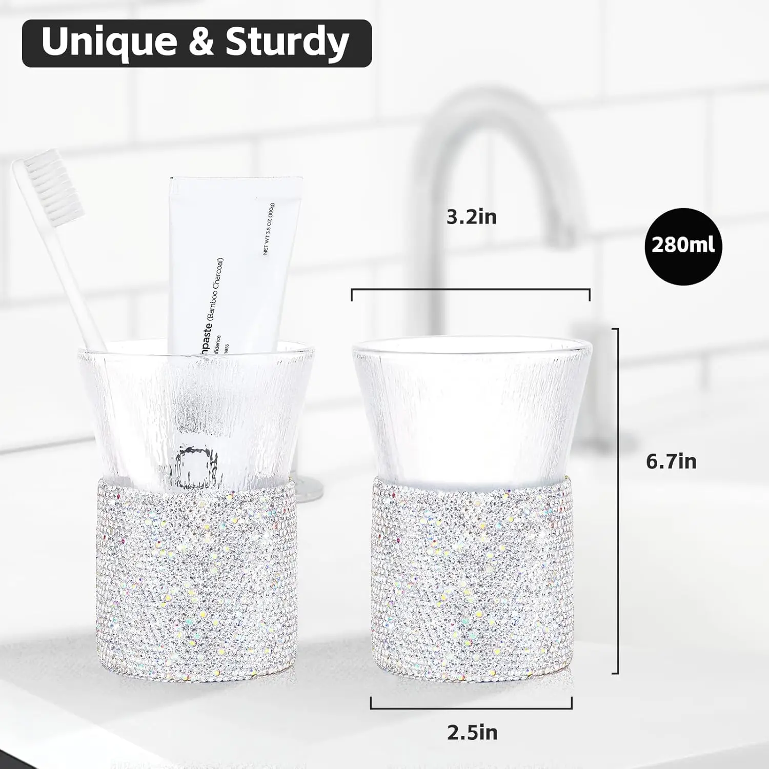 Bling Cup, 2er-Set Badezimmerbecher mit Zahnbürstenhalter, wiederverwendbare Glasbecher für Mundspülung, Gläser für Cocktails und Eiskaffee_voghion.com