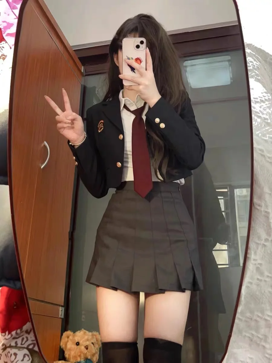Korean JK Uniform Set College Style Girls Short Suit Blazer Navy Coat Wrap Hip Skirt Tie Shirt Spring Autumn japanese school uniform