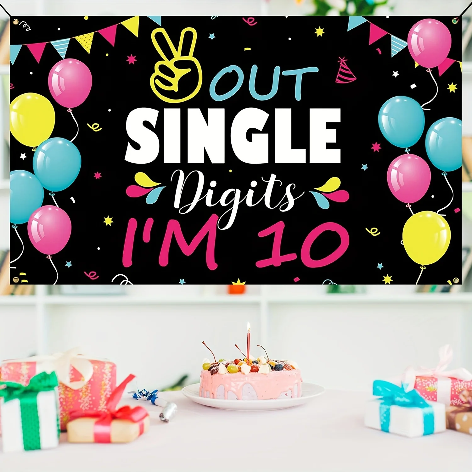 10th Birthday Decorations Happy 10th Birthday Backdrop Banner, Double Digits 10 Year Old Party Yard Sign Photo Props