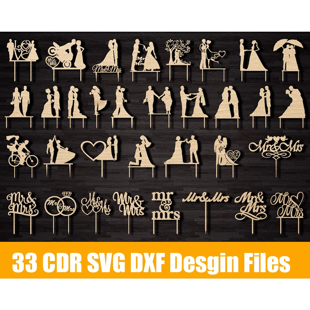 33 Design Wedding Cake Topper SVG Vector Bundle Bride and Groom Mr & Mrs Couple Cake Topper for Cricut Silhouette CNC/Laser Cut wood saw machine Woodworking Machinery