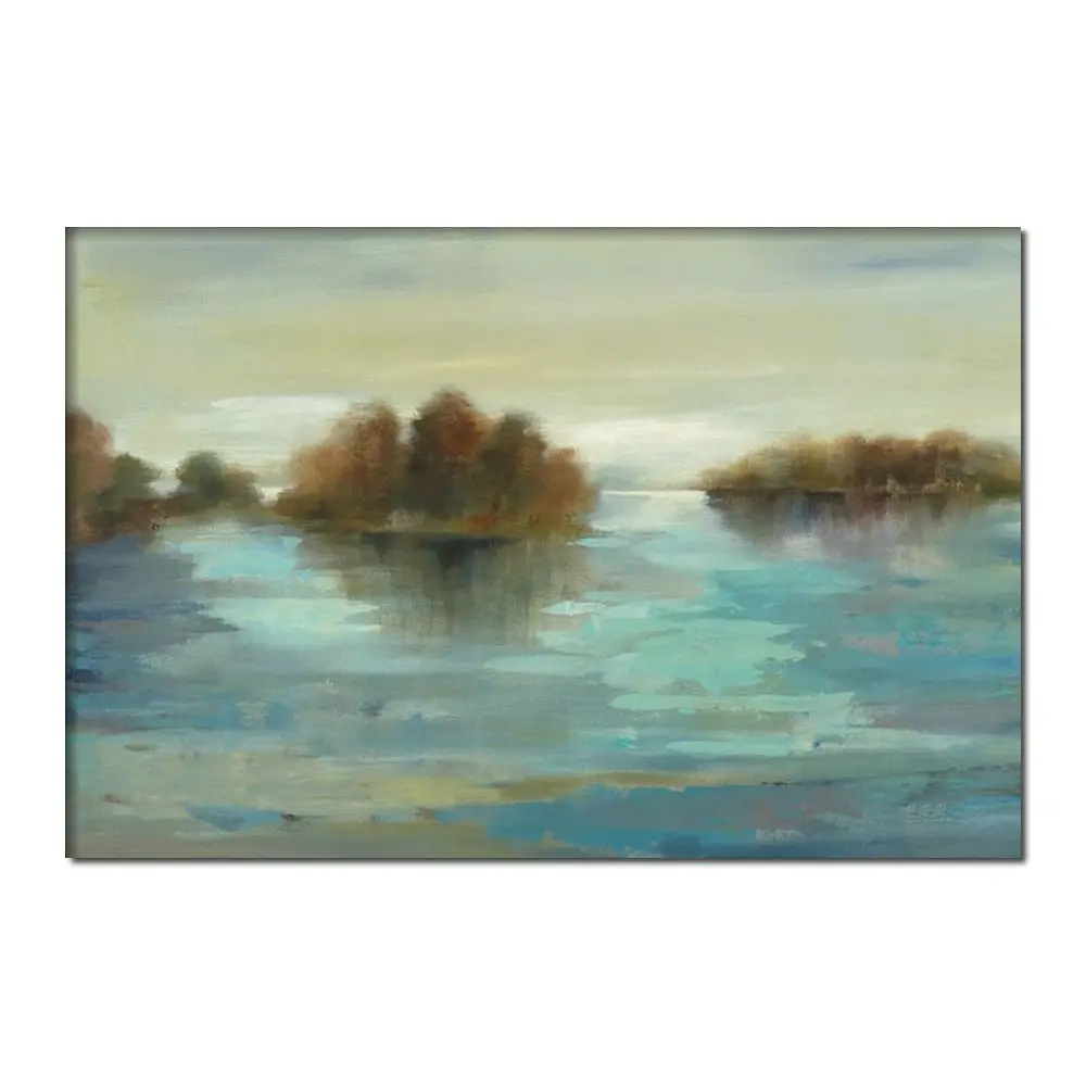 

Village Landscape Abstract Canvas Art Serenity on the River Handmade Oil Painting Modern Artwork Hotel Office Home Decor Gift