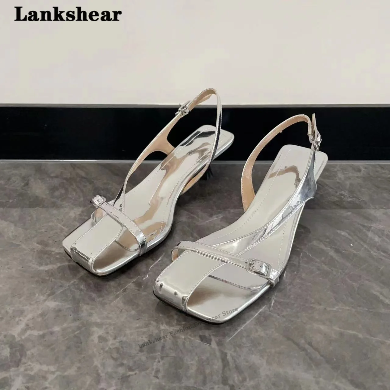 

Silver Gold Square Toe Sandals for Women Summer Leaky Toe Side Empty Low Heel Chunky Heel Fashion Plus Size 34-42 Ladies Shoes