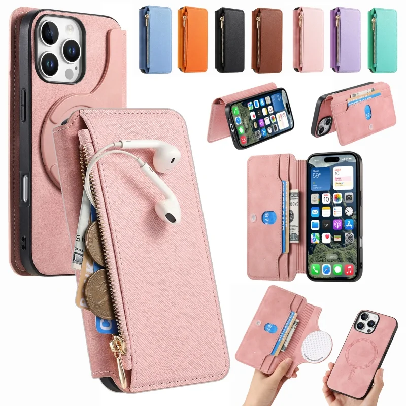 Magnetic Leather Wallet Phone Case with Zipper Card Holder
