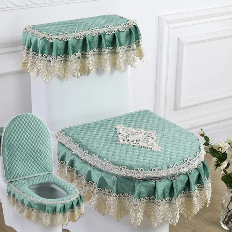 Lace Zippered U-shaped Fabric Toilet Seat Cushion Three Piece Toilet Mat Set Cover for Winter Household Use