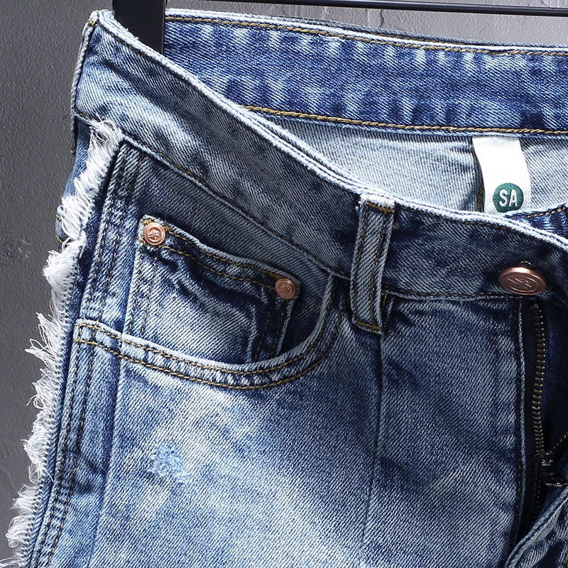 Street Fashion Men Jeans Retro Light Blue Elastic Stretch Skinny Ripped Jeans Men Spliced Designer Hip Hop Denim Pants Hombre