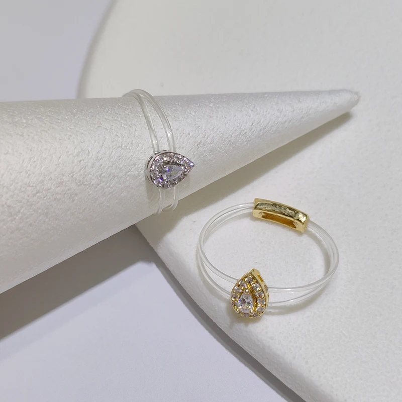 New ring for women fashion girl Sweet Sparkling Waterdrop Zircon Invisible Transparent line Brass Ring Trendy Jewelry Accessory 4