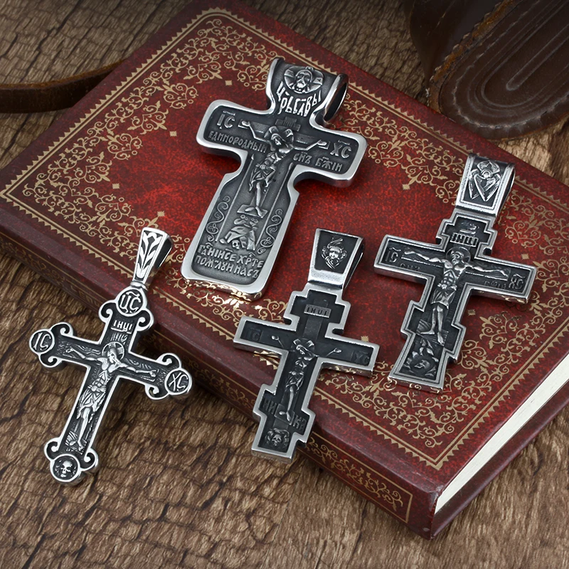 OIDEA Collier Pendentif Croix Orthodoxe Homme: Collier Pendentif Croix De Jésus En Acier Inoxydable Vintage Bijoux Orthodoxes Chrétiens Religieux-Argent