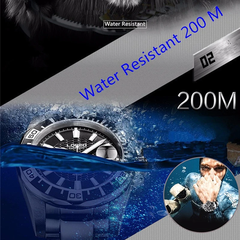 LOREO Men Diving Watch Sapphire Crystal Fashion Watches Waterproof Automatic Self-Wind Man Sport Wristwatch Relogio Masculino
