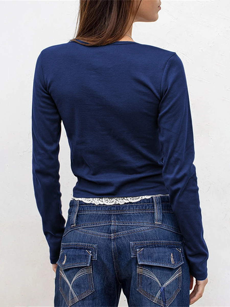 

Женская готическая рубашка с имитацией двух частей Y2k, короткий топ с длинным рукавом и пуговицами, Осенний Повседневный облегающий кружевной пуловер, футболка