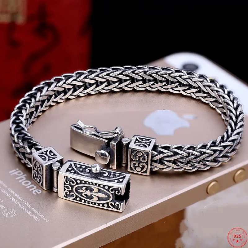 

S925 Sterling Silver Charm Bracelets 2023 Popular Retro Totem Double Row Woven-Chain Pure Argentum Amulet Jewelry for Men Bangle