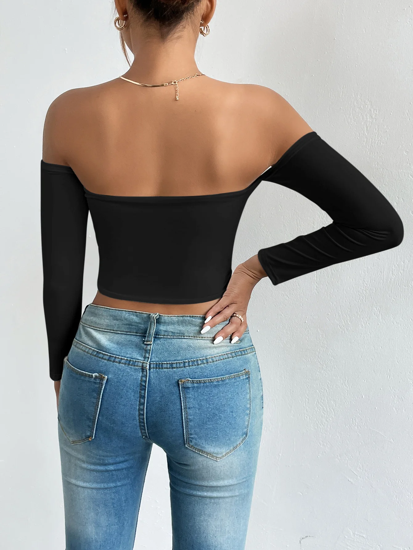 Damen Off-Shoulder Langarm Crop Top Slim Fit Tube Top Lässiges Y2K Streetwear Sexy Bodycon Bandeau Bluse Modische Partykleidung – Detail 9