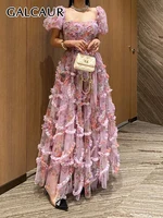 GALCAUR الحلو المرقعة شبكة فستان للنساء ساحة طوق نفخة الأكمام عالية الخصر ضرب اللون الأزهار طباعة سترة فساتين الإناث 1