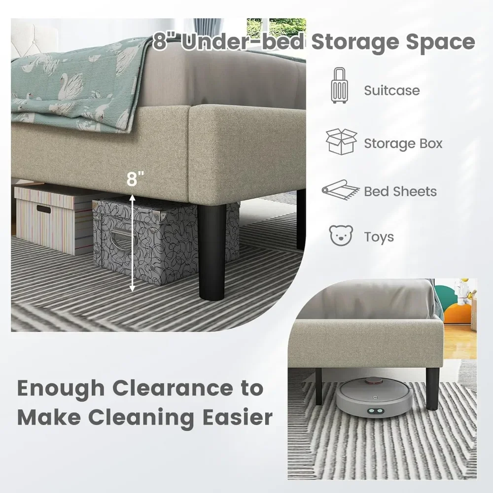 Twin Bed Frames for Kids, Modern Upholstered Platform Bed with Button Tufted Headboard, Wooden Slats Support Mattress 6