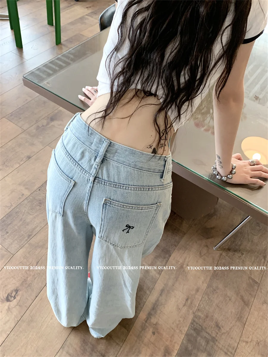 

Slergiri Bow Embroidered Y2k Baggy Jeans Woman Korean Fashion Streetwear High-waisted Loose Straight Wide-leg Denim Trousers
