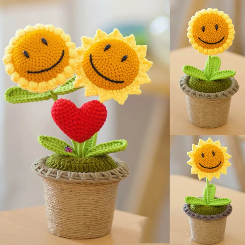 

Finished Woolen Weaving Sunflower Potted Plant Preserved Flower Simulation Sun Flower Handicraft Office Home Decoration