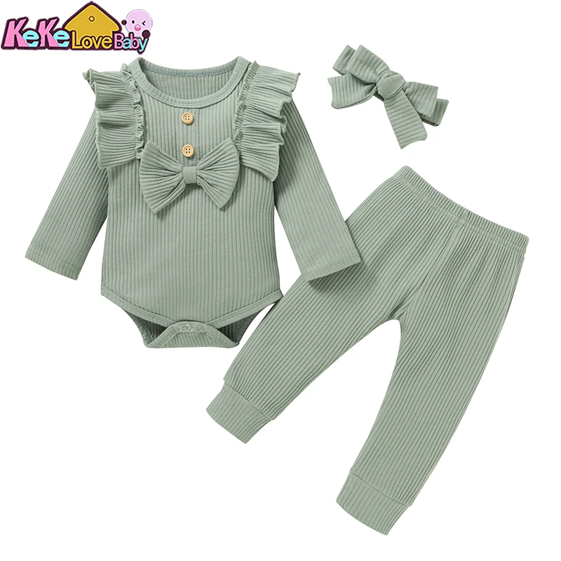 Newborn Baby Girl Clothes Set Autumn Knitting Cotton Bow Solid Color Bodysuit Tops Pants Headband 3Pcs Newborn Infant Clothing vintage Baby Clothing Set