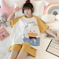Summer Gilrs Two Pieces Sets Pajamas Shorts O-neck Short Sleeve Thin Homewear With Ruffles Loose Cartoon Printing Big Size Cute - Image 4
