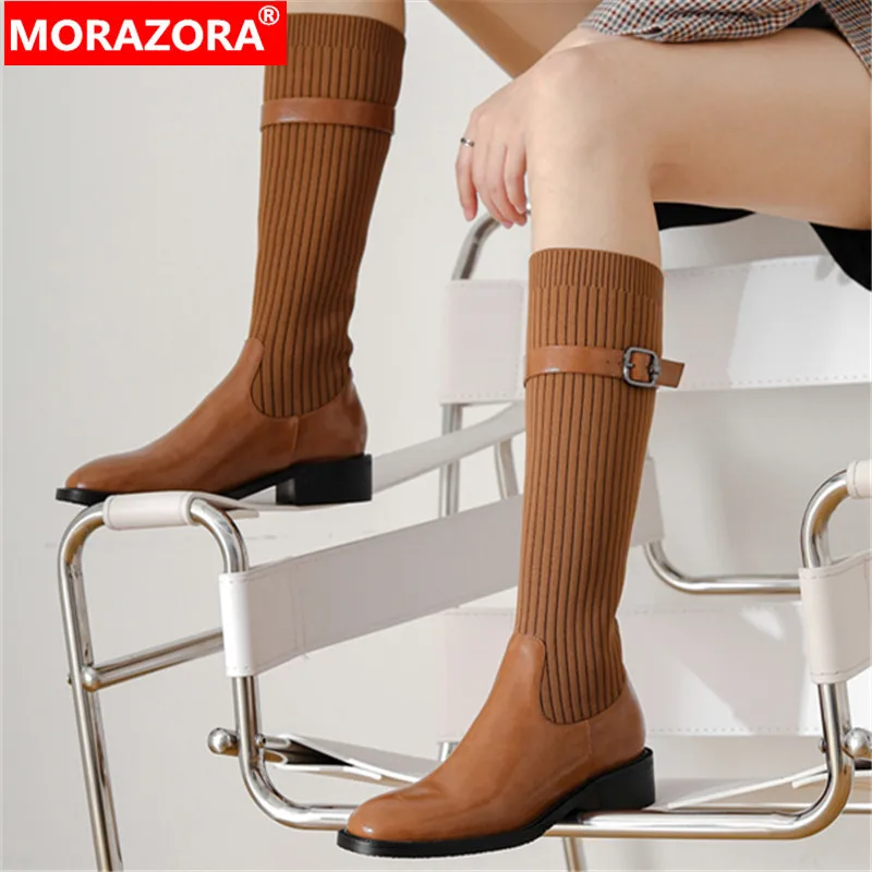 

MORAZORA 2024 New Slip On Ladies Genuine Leather Winter Women Boots Buckle Knee High Boots Thick Med Heels Shoes