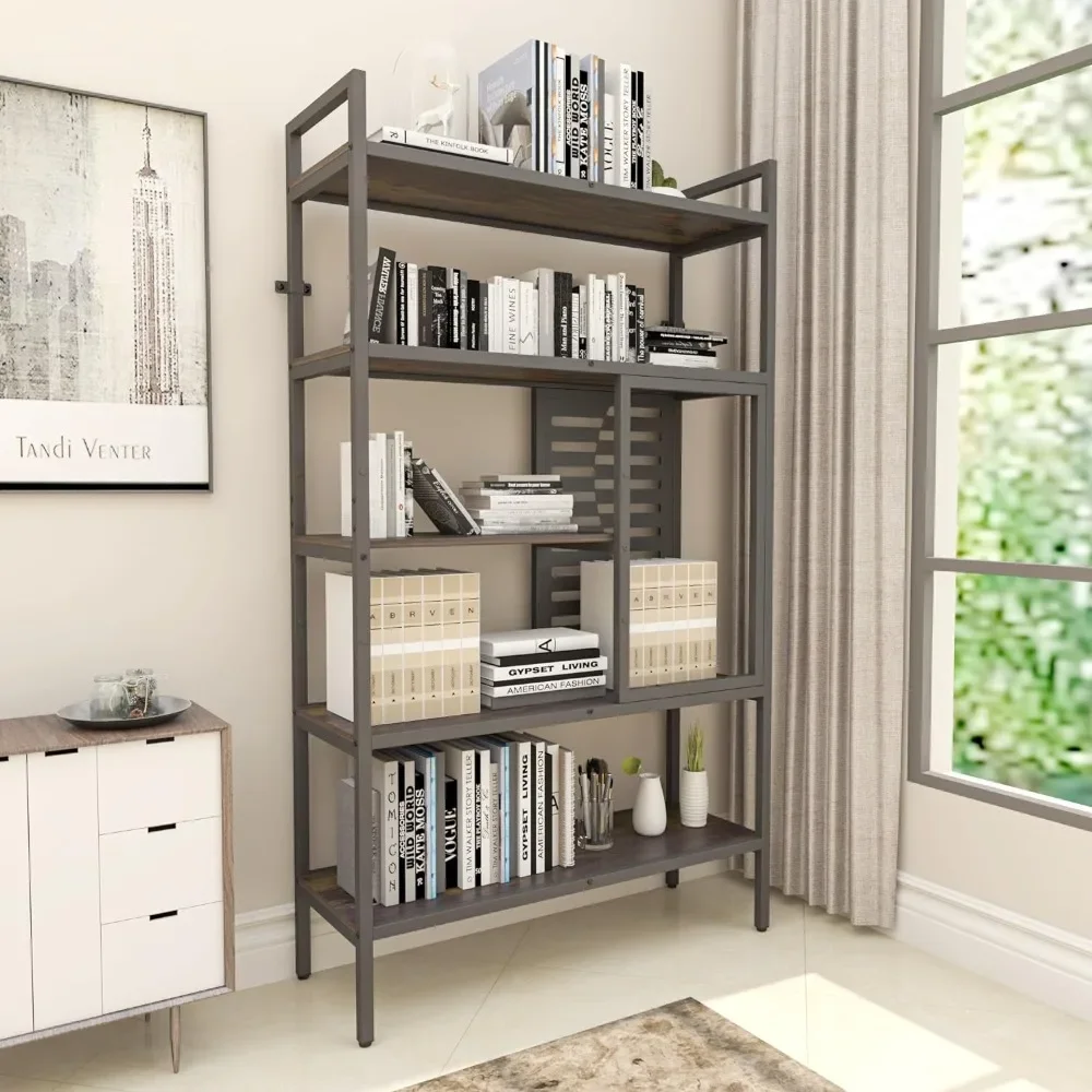 

5-Tier Modern Adjustable Bookshelf Wood Bookcase Shelves With Metal Frame for Home Office Storage Shelf Cherrywood and Black