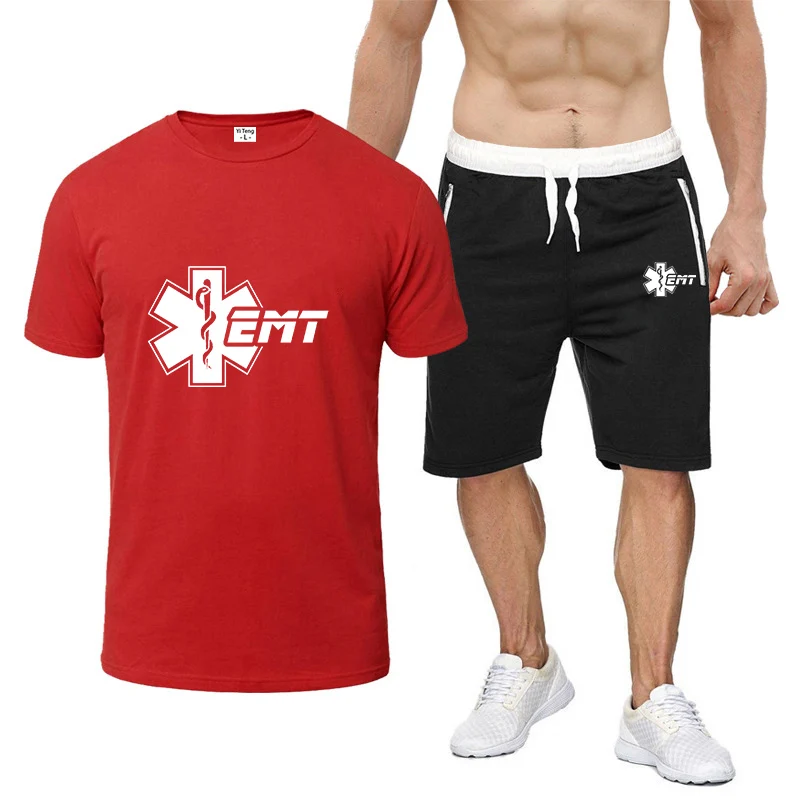 Emergency medical emergency medical 2023 men's summer new printing fashion casual eight-color short-sleeved T-shirt shorts two-p