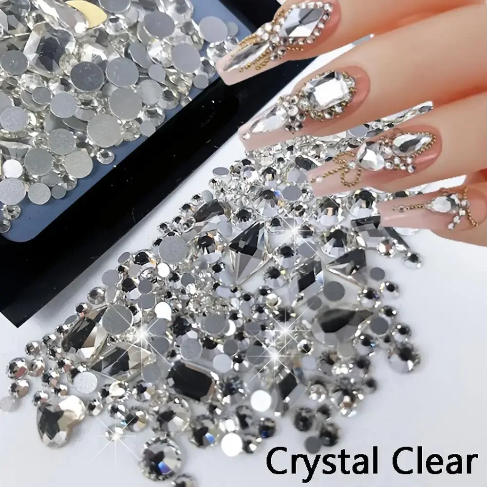 AB/Clear Flatback Mixed-Shaped Round Nail Art Charms Aurora Sparkly Gold/Red Rhinestones Xmas Manicure Decor Gems Diamonds 1Bag nail art rhinestones