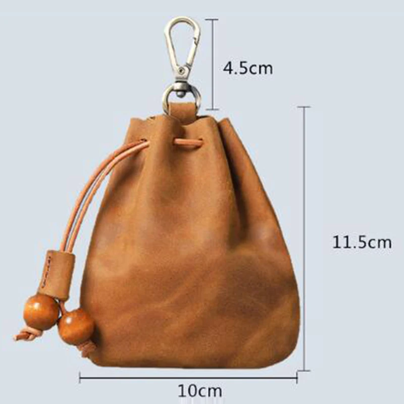 Handmade Genuine Leather Unisex Coin Purse Portable Money Pocket with Metal Hook Retro Drawstring Wallet Storage Bag