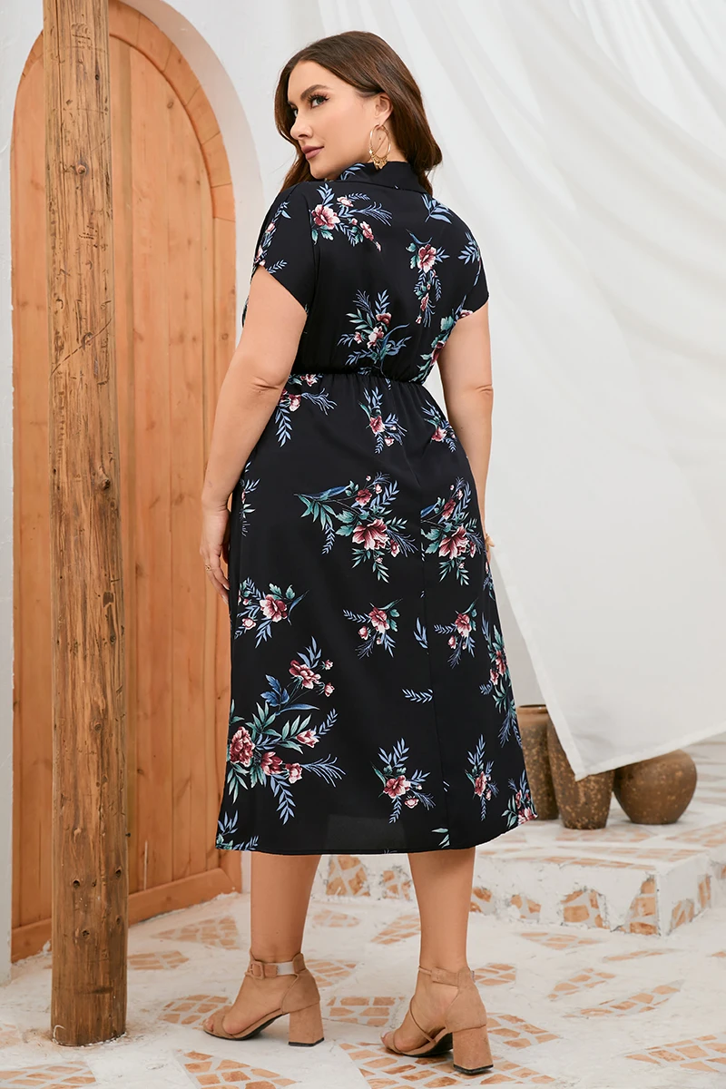 Side Slit Plus Size Long Women Dresses Black White Floral Plus Size Elegant Dresses Women Sexy Short Sleeve Summer Dress Women