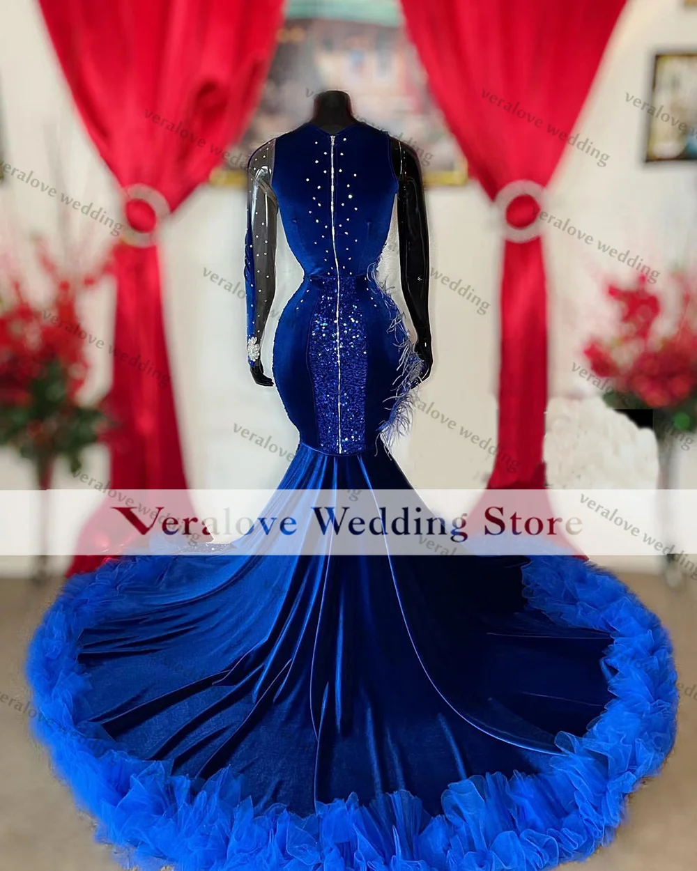 Sequins Sparkly Prom Dress With Ruffles 2k22 Long Sleeves Royal Blue Evening Gowns Black Girls Graduation Party Dress