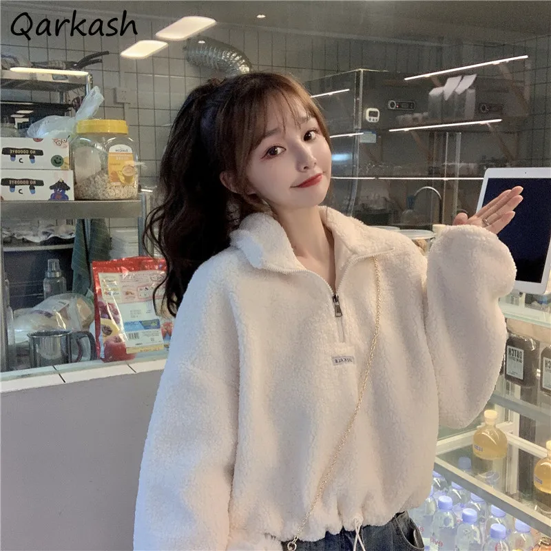 

Свитшоты с воротником-стойкой, женский свободный однотонный простой пуловер на молнии с бархатным утеплителем в Корейском стиле для студентов, короткая теплая зимняя одежда для отдыха