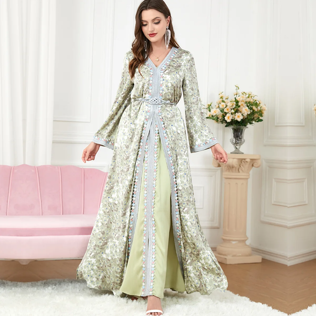 Abayas For Women Muslim Sets Floral Embroidery Guipure Lace Panel Belted Kaftan Split Hem Two Pieces Dress Dubai Turkey Arabic