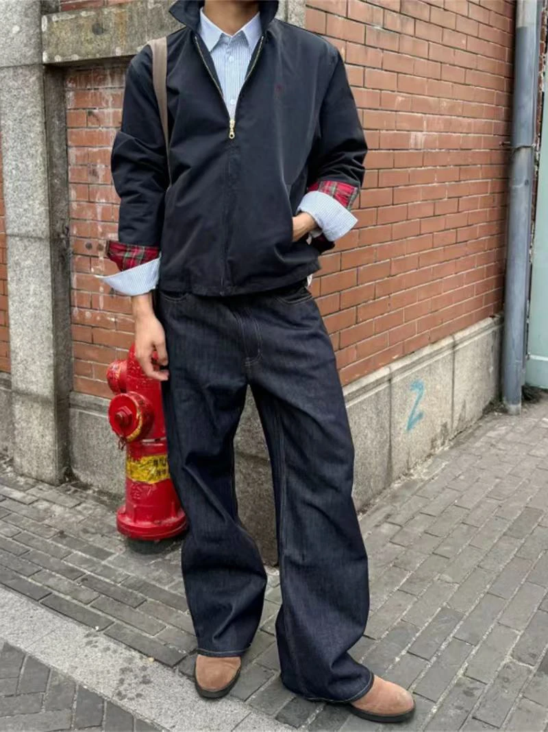 레트로 아메리칸 데님 딥 블루 진 남성용 클린핏 스트레이트 레그 와이드 레그 마이크로 플레어 팬츠 캐주얼 모던 스타일 진