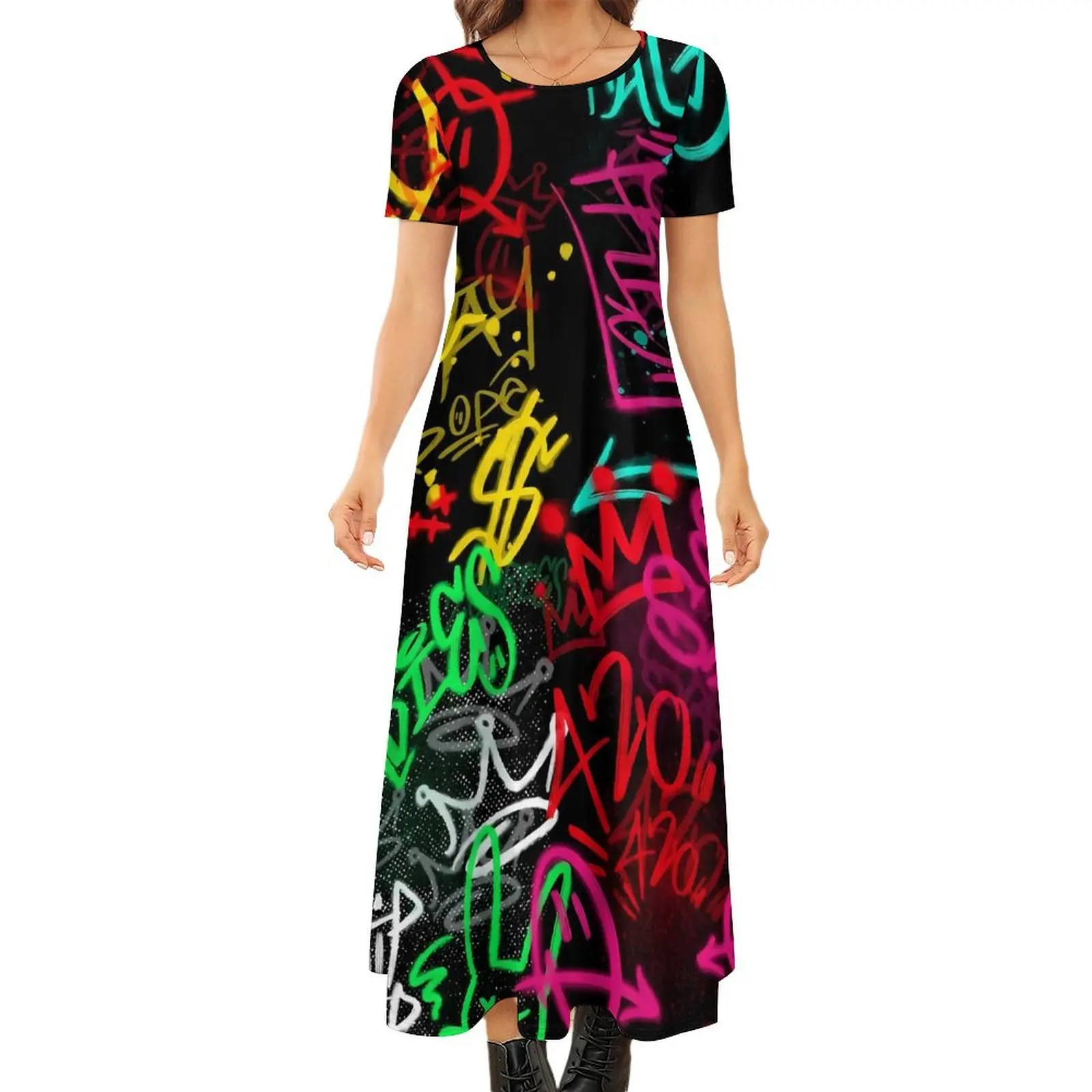 

Graffiti Inspired Dress Colorful Letter Print Retro Maxi Dress Street Fashion Bohemia Long Dresses Female Short Sleeve Vestidos