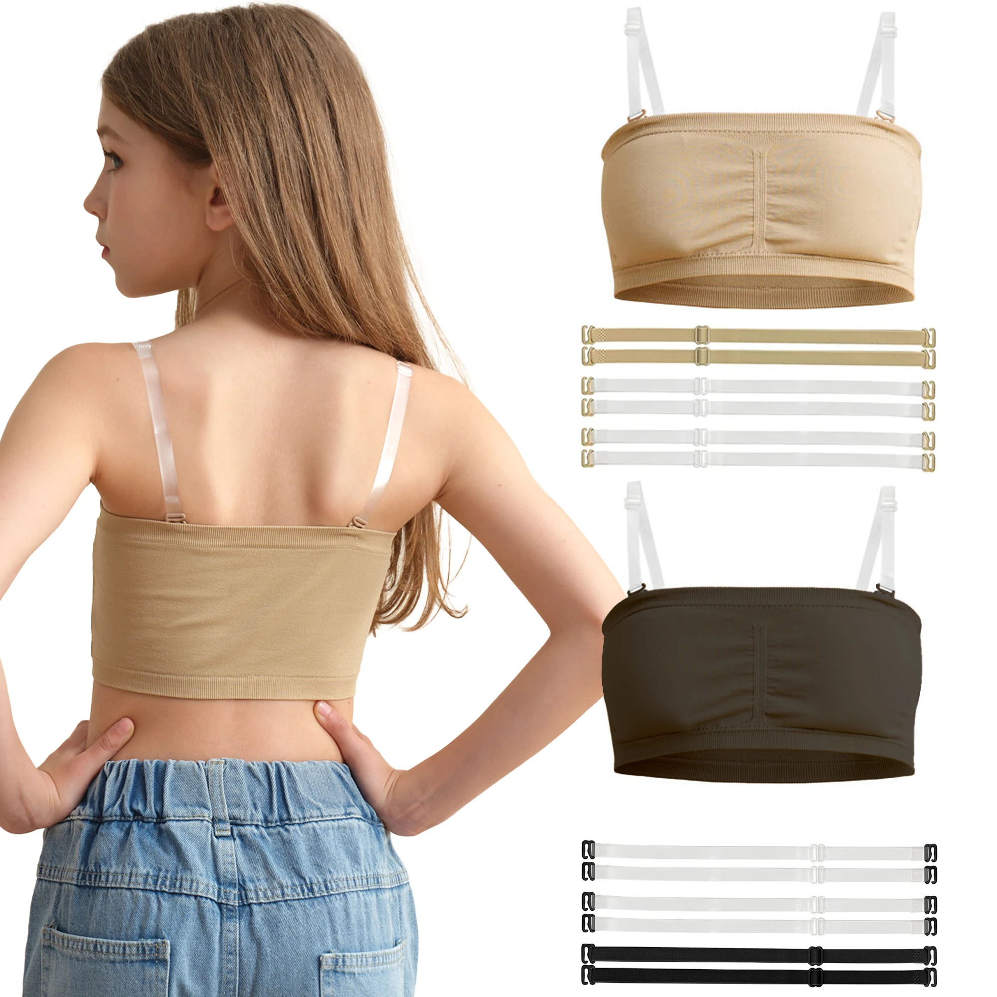 Youth Ballet Dance Bandeau Bra with Clear Straps and Chest Pads - Nude Seamless Design (2-Pack)